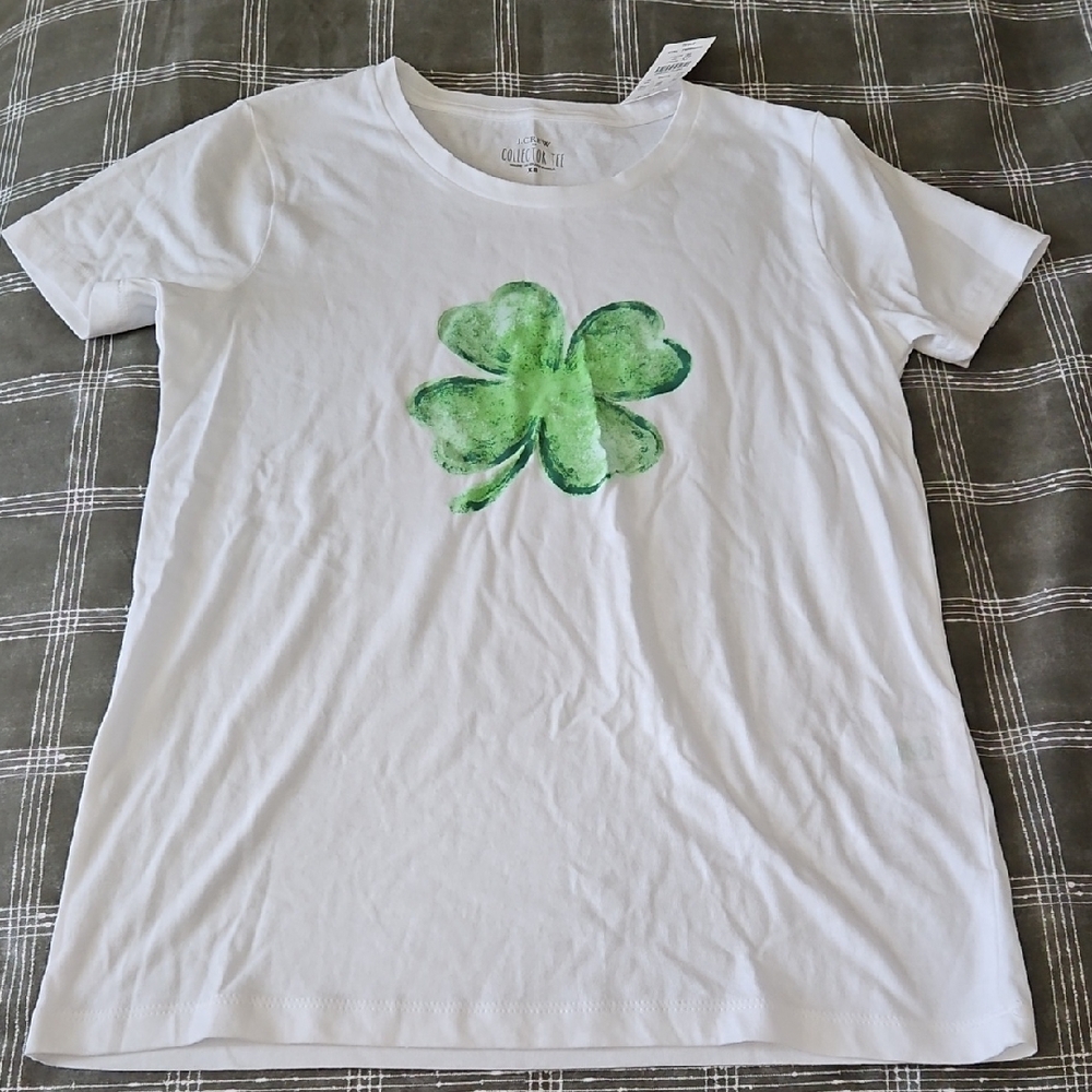 J. Crew Factory White Short-Sleeve Tee with Green Clover Print